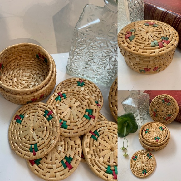 Vintage Seagrass woven coasters set Boho Jungalow